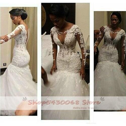 New Arrival Mermaid Wedding Dresses 2020 Long Sleeves Lace Applique Beading Pearls Wedding Gowns Vestidos de novia