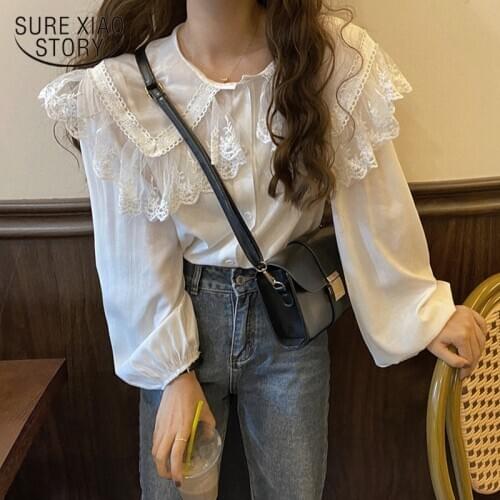 2021 Autumn Office Lady Tops Fairy Peter Pan Collar Basic Blouse Chic Lace Chiffon Puff Sleeve Casual Vintage Female Shirt 11767