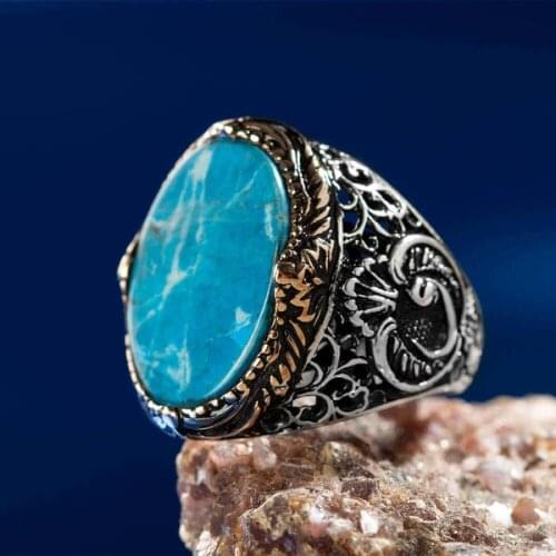 925 Sterling Silver Arabic Letter V Flat Turquoise Stone Mens Ring Wav Ring for Men Exclusive Ring Turquoise Ring