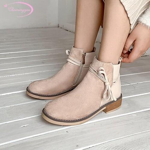 Casual comfortable round toe flock ankle boots bowknot zipper black apricot gray low with thick motorcycle boots womens shoes