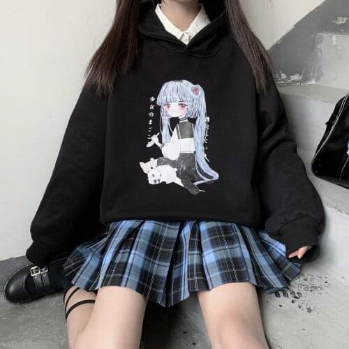 Deeptown Anime Hoodies Women Winter Fashion 2020 Sweatshirt Long Sleeve Plus Velvet Pullover Black Casual Loose Hoodie Women