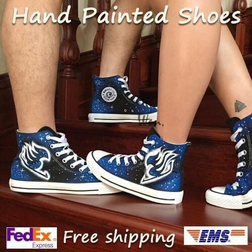 Wen Hand Painted Shoes Anime Design Custom Fairy Tail Logo Blue Galaxy Men Womens High Top Canvas Sneakers