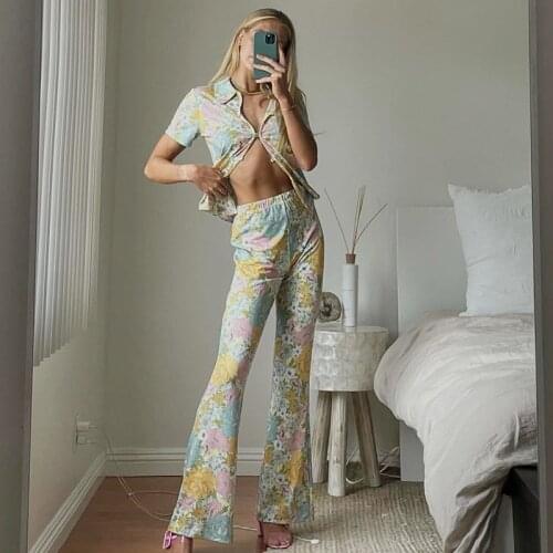 Summer Women Pant Sets Polo Shirt Fashion Flower Print High Waist Flare Pants Casual Ladies Suit Turndown Collar Top Female