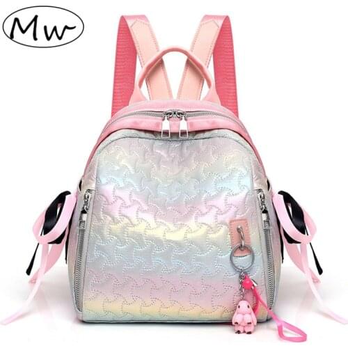 Fashion rainbow holographic laser backpack ribbon pendant students school bag for girls ladies small travel bag backpack 2019