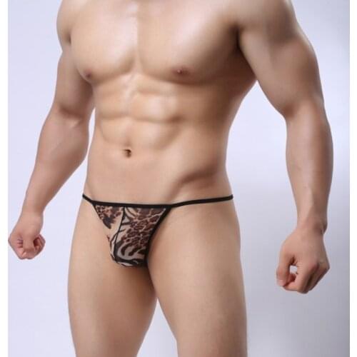 Sexy Mens Briefs Shorts Net Yarn Leopard Thong Underwear Printing Male Panties Gay Lingerie Sissy Man Type T Boxer Clothing