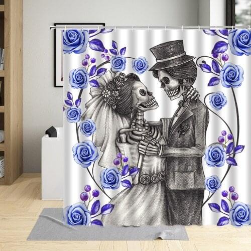 Halloween Shower Curtain Set Color Flower Skull Couples Decor Cloth Bathroom Bathtub Home Screen Partition Waterproof Polyester