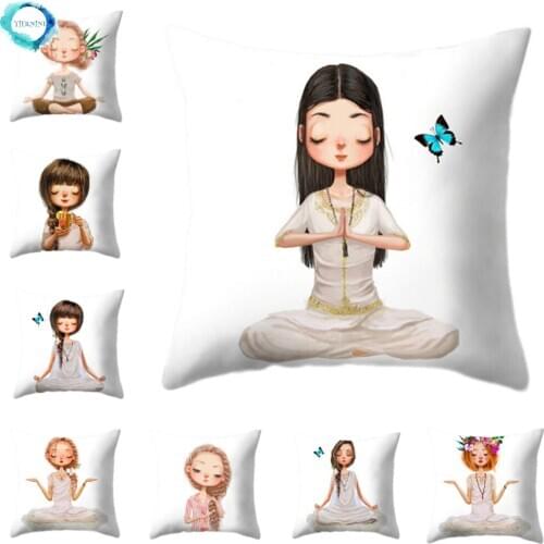 Decorative Yoga Girl Printed Polyester Cushion Cover Pillow Case Home Decor for Sofa Bed Waist Living Room 45X45CM