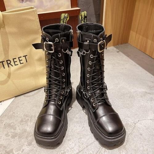 New Autumn Motorcycle boots Punk Lace-up Buckle Square Toe Knight boots Women Low Heel Mid-calf Boots Female Street Shoes Black