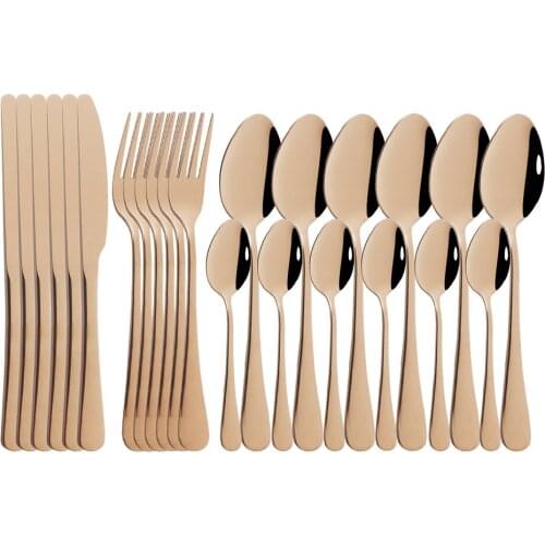 New 24Pcs Rose Dinnerware Set Stainless Steel Cutlery Set Kitchen Mirror Gold Tableware Set Knife Fork Spoon Dinner Set For Home