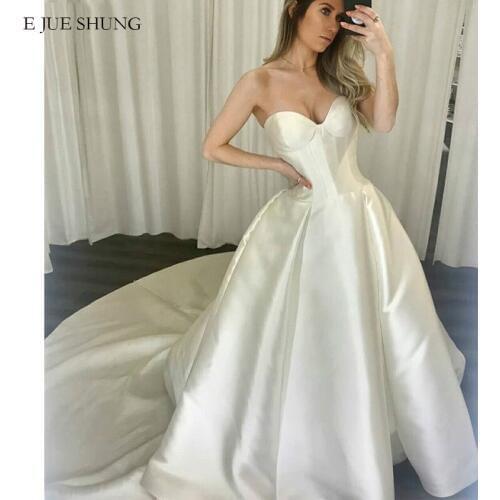 E JUE SHUNG White Taffeta Simple Wedding Dresses Lace Up Back Sweetheart Bride Dresses wedding gowns robe de mariee