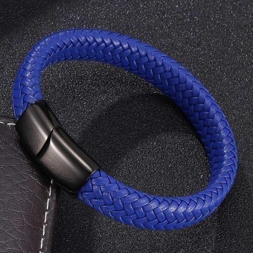 Blue Leather Braided Bracelet Bangles Trend Male Wrist Band 3 Colors Magnetic Buckle Men Charm Bracelets Jewelry Gifts ST0017