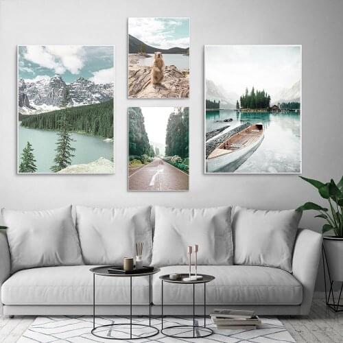 Nordic Landscape Posters And Prints Forest Mountain Boat Lake Plant Beaver Wall Art Canvas Painting Pictures Unique Home Decor