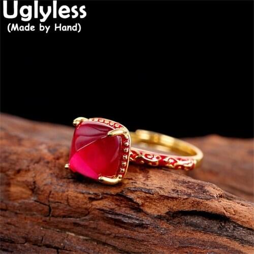 Uglyless Sexy HOT PINK Curundum Cube Rings for Women Faceted Semi-precious Gemstones Jewelry 925 Silver Fashion Statement Rings