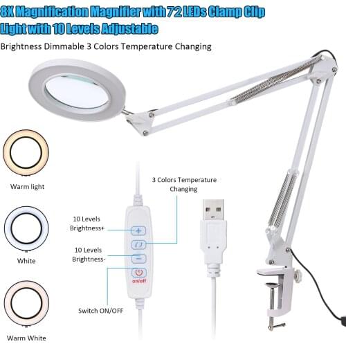 Magnifying Glass Magnifier with LEDs Clamp Clip Light 8X Magnification 10 Levels Brightness Dimmable Desk Lamp with Bracket