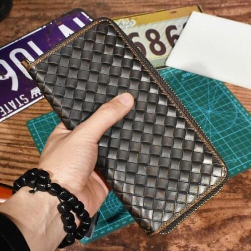 Vintage Genuine Leather Long Men Zip Wallet Fashion Knitting Designer Purses