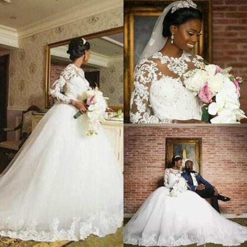 South African Ball Gown Wedding Dresses 2021 Spring Summer Lace Sheer Long Sleeves Bridal Gowns Custom Made Wedding gowns