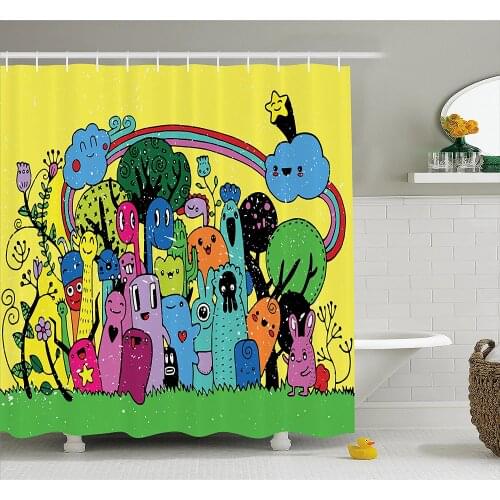 Indie Shower Curtain Colorful Funny Hand Drawn Crazy Doodle Monsters in Nature Rainbow and Flowers Grungy Bath Curtains