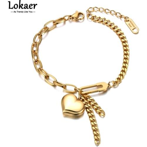 Lokaer Design Fashion 18K Gold Stainless Steel Heart Charm Bracelets For Women Bohemia Party Chain Link Bracelet Jewelry B21098