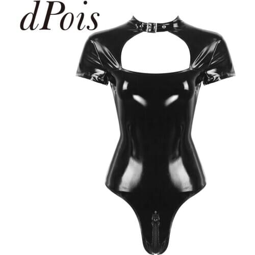 WomensWet Look Patent Leather Chest Cutout One-piece Sexy Lingerie Adjustable Collar Neck Short Sleeves Zipper Leotard Bodysuit