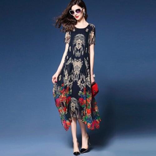 Women spring long dress women chiffon summer dress and ladies dressshort Sleeve O-Neck Vintage Solid dress for woman