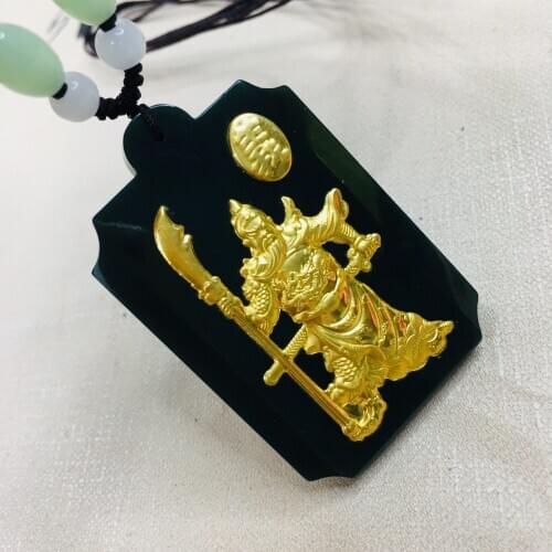 Zheru Jewelry Pure natural Hetian jade inlaid 24K gold Guan Gong pendant necklace Men and women gold inlaid jade Send certificat