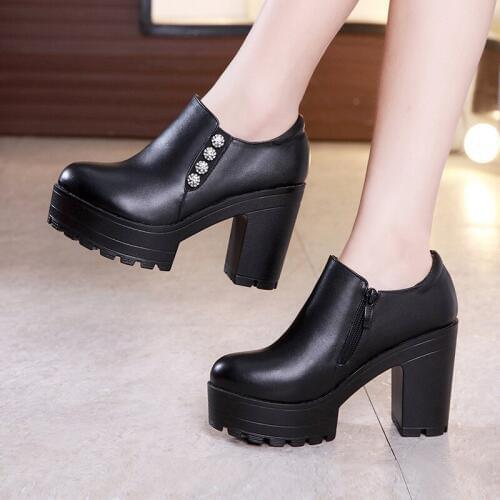 2018 autumn and winter thick with high-heeled platform sponge cake thick bottom large size deep mouth round single shoes women
