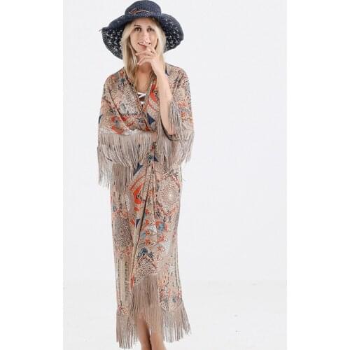 2021 Bikini Cover-ups Tassel Retro Beach Self Belted Women Summer Kimono Dress Beach Wear Swim Suit Swimsuit Bikini Cover Up