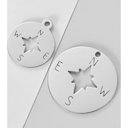 5pcs/lot Mirror Polish Stainless Steel Compass Charm Round Disc Travel Compass Charms DIY Jewelry