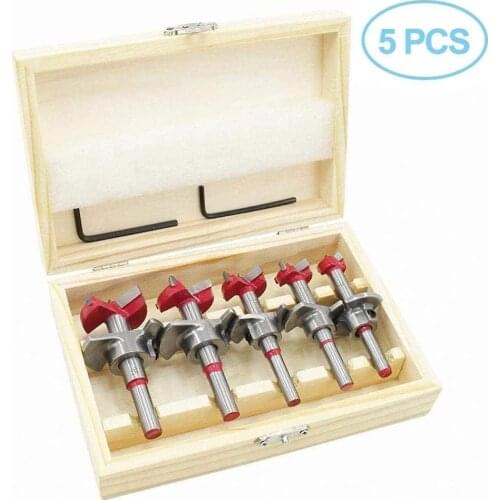 5pcs Diameter 15/20/25/30/35mm Hinge Hole Opener Woodworking Carbide Drill Bits Set Positioning Hole Saw Kit Adjustable