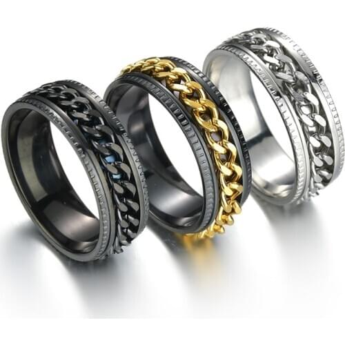 8mm Cool Black Spinner Chain Ring for Men Tire Texture Stainless Steel Rotatable Links Punk Male Anel