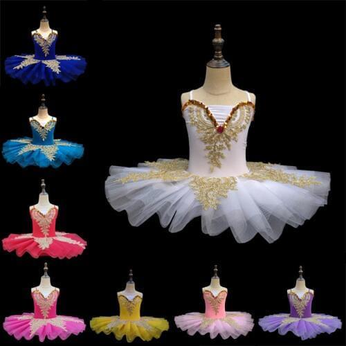 Girl Lake Swan Tutu Ballet Pink Ballet Dress Women Dance Dress Gold Lace Ballerina Diamond Adult Stage Performance Costume
