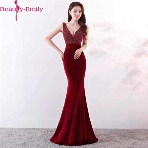 Beauty-Emily Sexy V Neck Sleeveless Evening Dresses 2020 Charming Heavy Beads Tank Sleeve Formal Party Mermaid Dress Robe Soiree