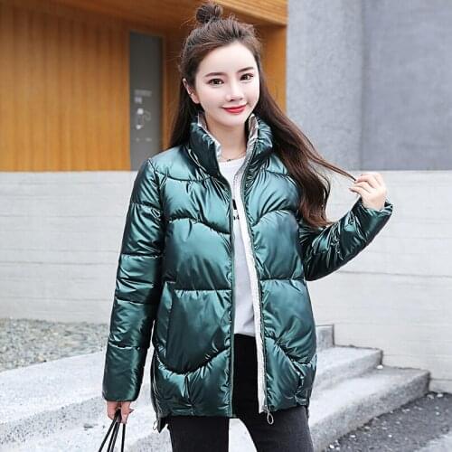 Glossy Womens Winter Jacket Stand Collar Long Sleeve Ladies Casual Solid Puffer Coat Cotton Padded Zipper Pockets Outwear 2021