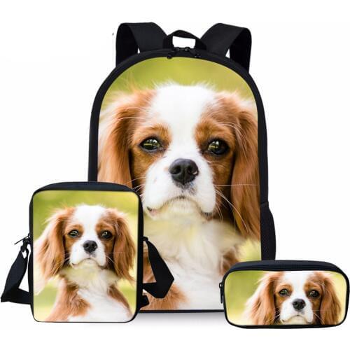 NOISYDESIGNS Kids School Bags Girls Cute Cavalier King Charles Spaniel Dog Schoolbag Children 3pcs/set Primary School Bookbag