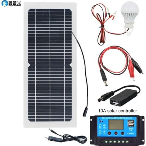 10W 12V Flexible Solar Panel Battery Charger Kit With PWM Controller + DC to USB Adapter + Cigarette Lighter + 5W LED Light