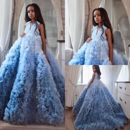 Gradient Ruffled Flowers Girls Dresses For Wedding Backless V Neck Toddler Pageant Gowns Sweep Train Tulle Children Prom Dress