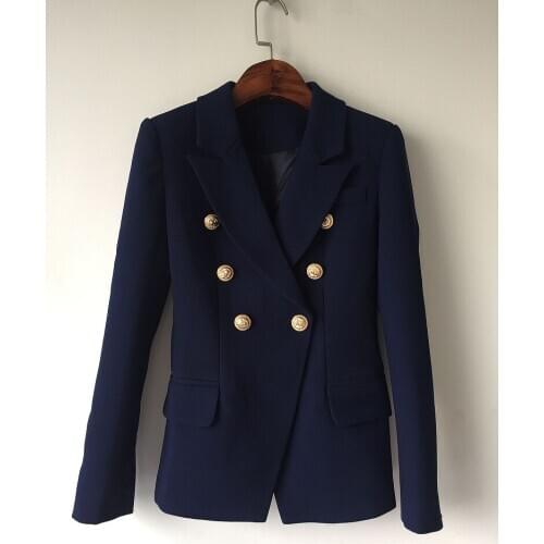 2018 foreign trade explosion models high quality suit jacket metal lion head buckle double breasted small suit dark blue