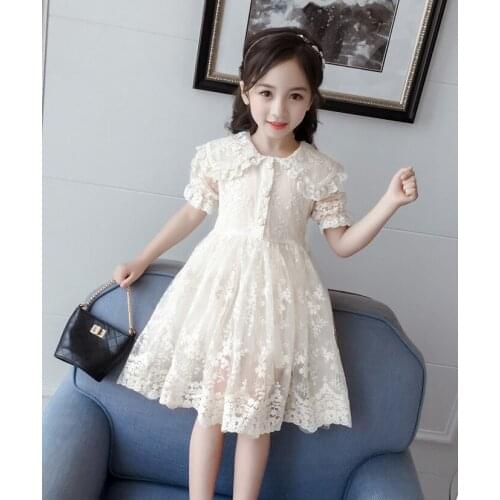 Korean Girls Lace Long Blouse A-line Dress for Kids Toddler Boutique Emvroidery Turn Down Collar Summer Clothing