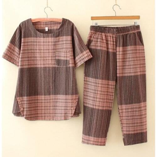 Suit Female Mother Dress 2021new Version of The Summer Large Size Plaid Two-piece Retro Casual Pants Loose Top Two-piece Suit