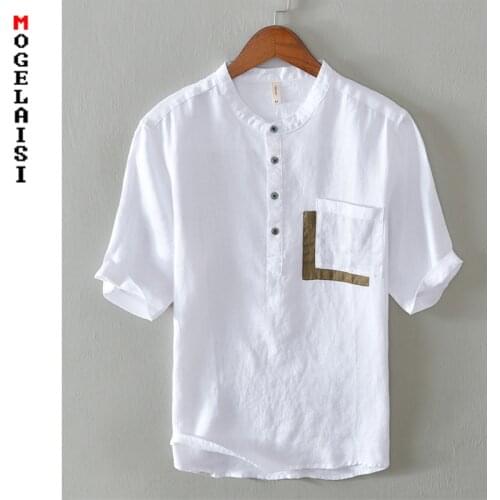 Fashion men white shirt Half sleeve 100% linen high quality tops shirts man clothing soft Breathable Camisa masculina 798