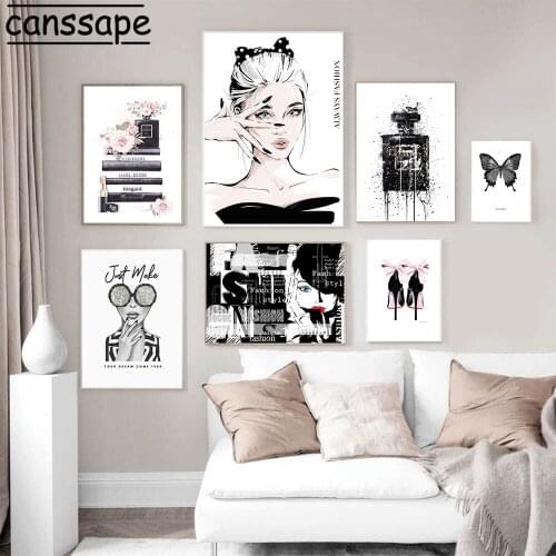 Fashion Poster Perfume Bottle Wall Posters Butterfly Art Print Sunglasses Girl Canvas Painting Modern Wall Pictures Home Decor
