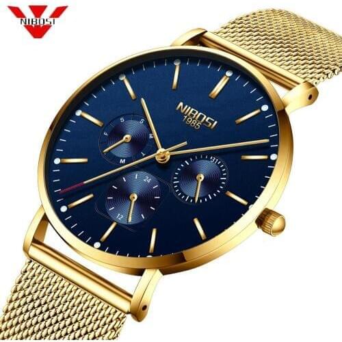 NIBOSI Ultra Thin Mens Watches Top Luxury Brand Watch Men Sports Quartz Stainless Steel Mesh Strap Dial Clock Relogio Masculino