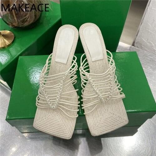 New Women Sandals Strappy Mules Women Hand Crochet High Heels Slippers Woman Stretch Band Hollow Outs Braid Party Shoes 2021