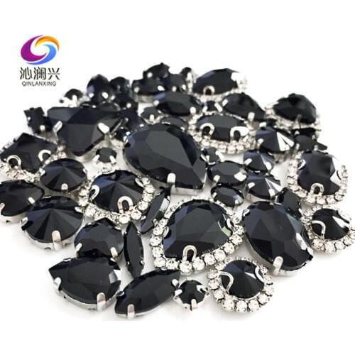 New product! 50pcs/bag Black Mix shape Crystal buckle+claw rhinestone,Silver base galss sew on stones diy/Clothing accessories