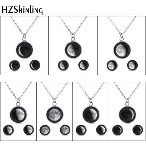 9 styles Stainless Steel Glow in the Dark Lunar Phase Statement Pendant Full Moon Bib Necklace Galaxy Jewelry set Outer Space