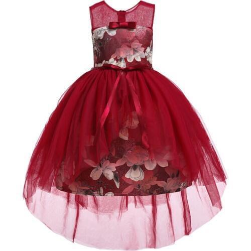 Flower Girl Romantic Wedding Wine Red Embroidery Party Dress Girl Princess Campus Opening Ceremony Party Dresses vestidos