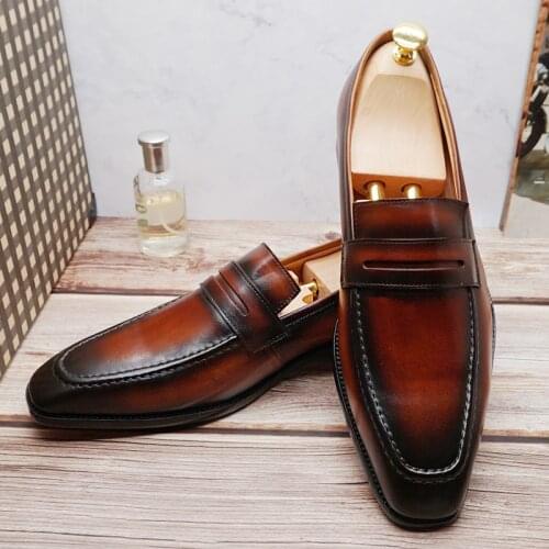 Luxury Genuine Leather Shoes Black Brown Penny Loafers Slip on Formal Mens Dress Shoes Wedding Office Business Men Casual Shoes