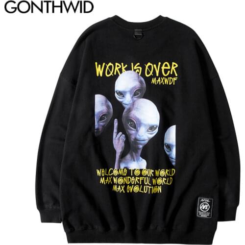 GONTHWID Harajuku Streetwear Sweatshirts Funny Alien Print Hoodies Hip Hop Fashion Casual Punk Rock Gothic Pullover Tops