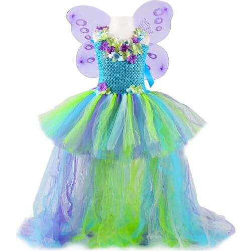 Water Fairy Girls Tutu Dress Long Tail Princess Flower Girl Birthday Party Dress Kids Halloween Cosplay Fairy Costume With Wings