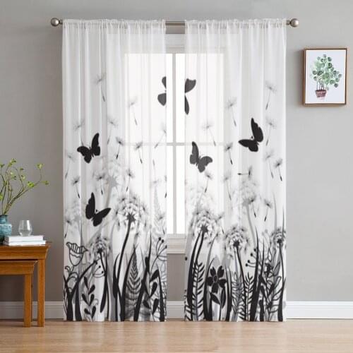 Dandelion Flower Butterfly Sheer Curtains for Living Room Bedroom Tulle Curtains Kitchen Window Treatments Panel Drapes